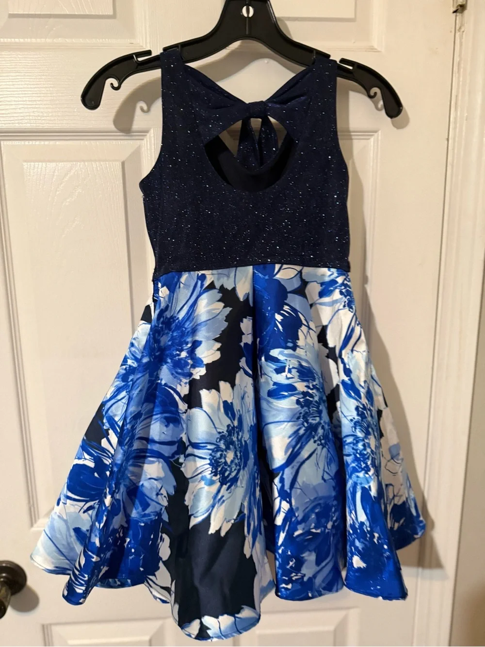 Girls Navy & Blue Floral Sparkle Party Dress with Rhinestone Waist